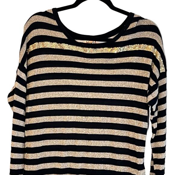 MUDD THIN SWEATER LONG SLEEVE STRIPED BLACK/GOLD SHIMMER SEQUIN COTTON BLEND - Picture 4 of 10